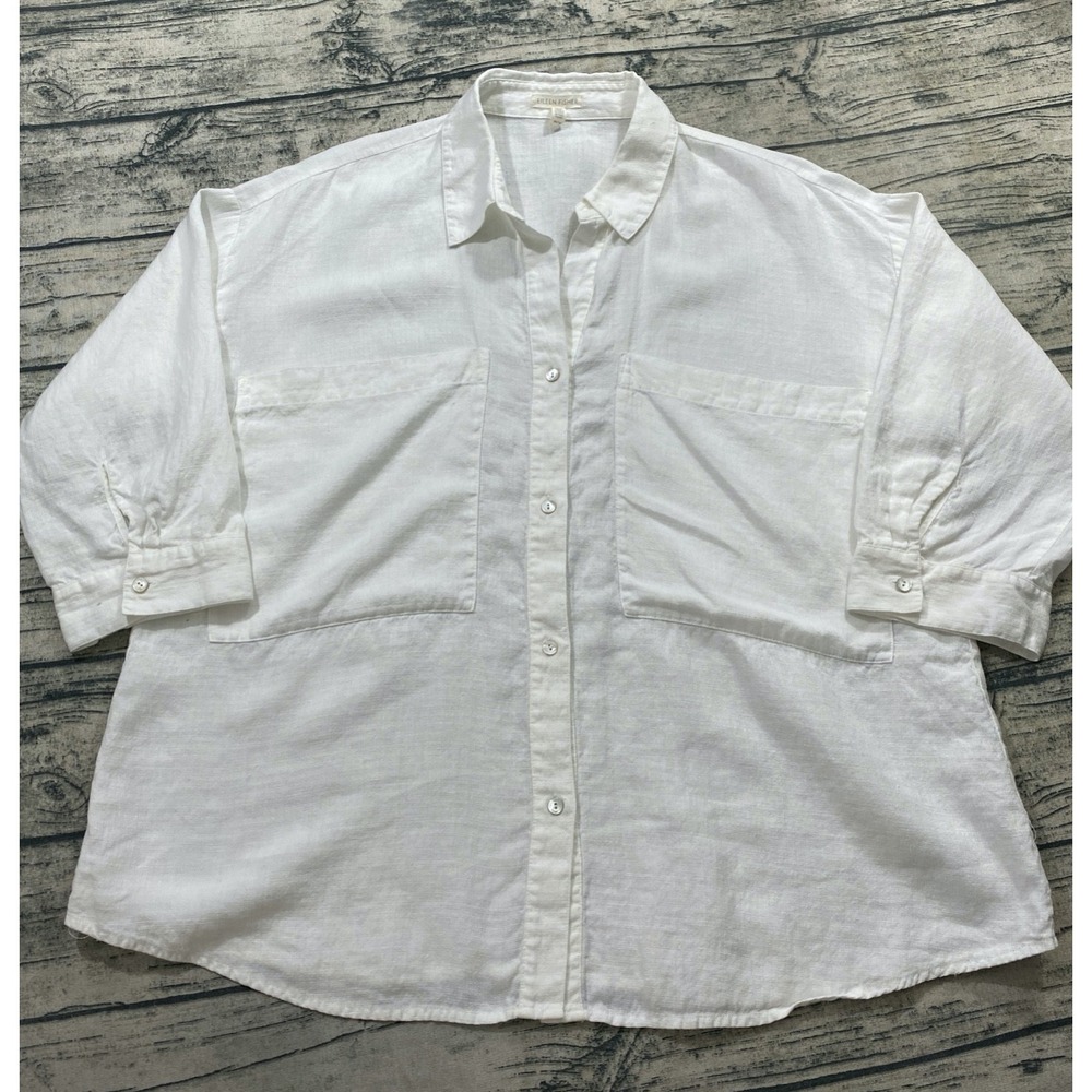 Eileen Fisher Womens M Oversized Boxy Linen Tencel Blend Button Shirt Top Lagen